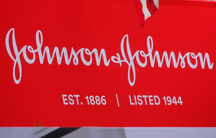 The company logo for Johnson & Johnson is displayed to celebrate the 75th anniversary of the company's listing at the NYSE in New York