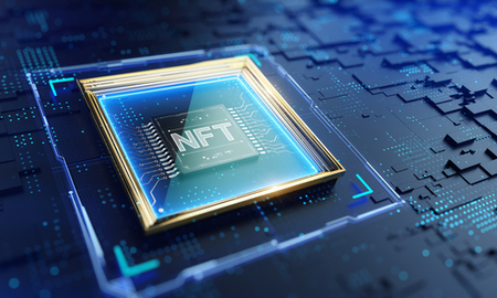NFT nonfungible tokens concept - NFT word in picture frame on abstract technology background. 3d rendering